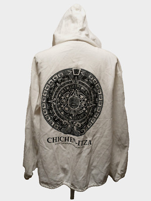 Vtg 90's Passion Tropical Unisex Cotton White Cultura Maya Chichen-Itza Hoodie L