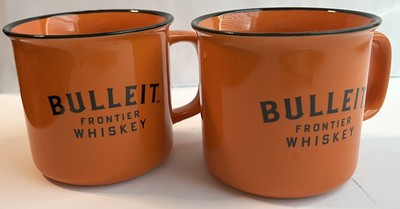 Bulleit Bourbon Frontier Whiskey Ceramic Coffee Mug Cup Enameled Set Of 2