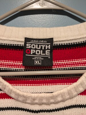 Southpole Sweater Men's XL White Red Black Striped Pullover Crew