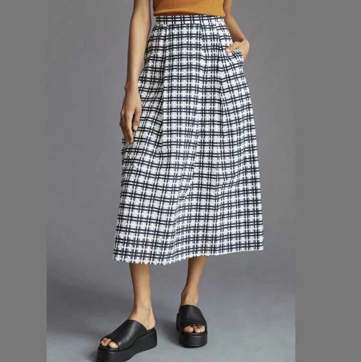 Anthropologie Maeve Plaid Circle Midi Skirt 12 NWT MSRP 160 Black