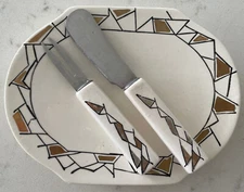 Vintage 1960’s Ceramic Pate Cheese Plate With Knife & Fork Made In Japan