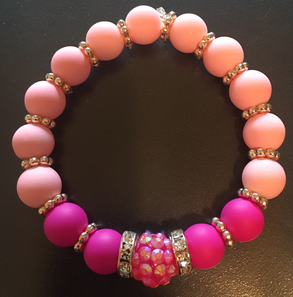 Womens 7” Hot Pink/light Pink Rubber Coated 10mm Glass Beads Bracelet Rhinestone