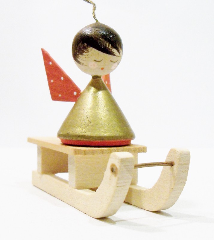 Erzgebirge Style Italy Angel Girl on Sled Wooden Wood Vintage Christmas Ornament