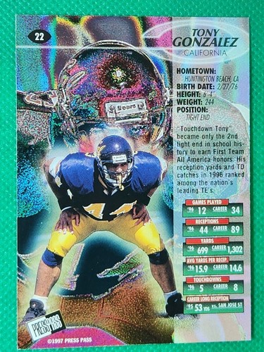 1997 Press Pass RED + BLUE #22 Tony Gonzalez HOF ROOKIE Kansas City Chiefs - Picture 5 of 6