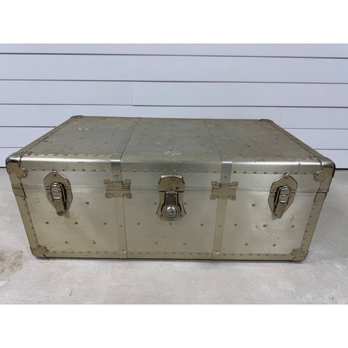 Vintage Aluminum Steamer Trunk Long Lock Gingham Lined Storage Chest 36x21x15