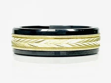 Madani Hi-Tech Black Ceramic Ring with 10K Yellow Gold Size 9.5