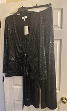 BADGLEY MISCHKA Black Sequin V Neck Wrap Jacket & Pants Set 2pc NWT