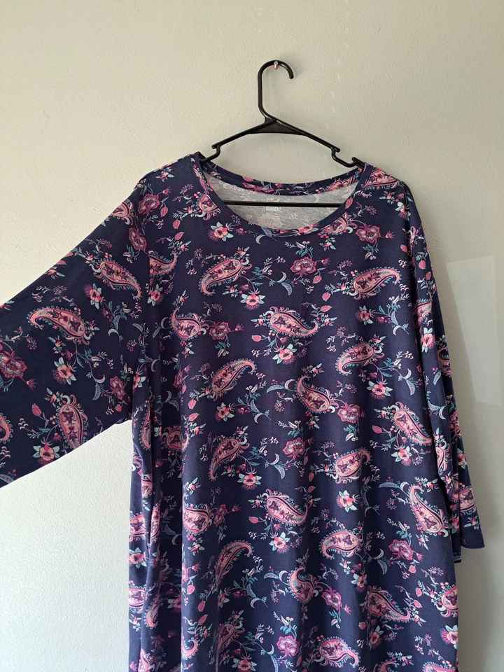 Lands End Womens Boho Floral Paisley 3/4 Sleeve Top Size 3X Blue Pullover Foto 3 de 4