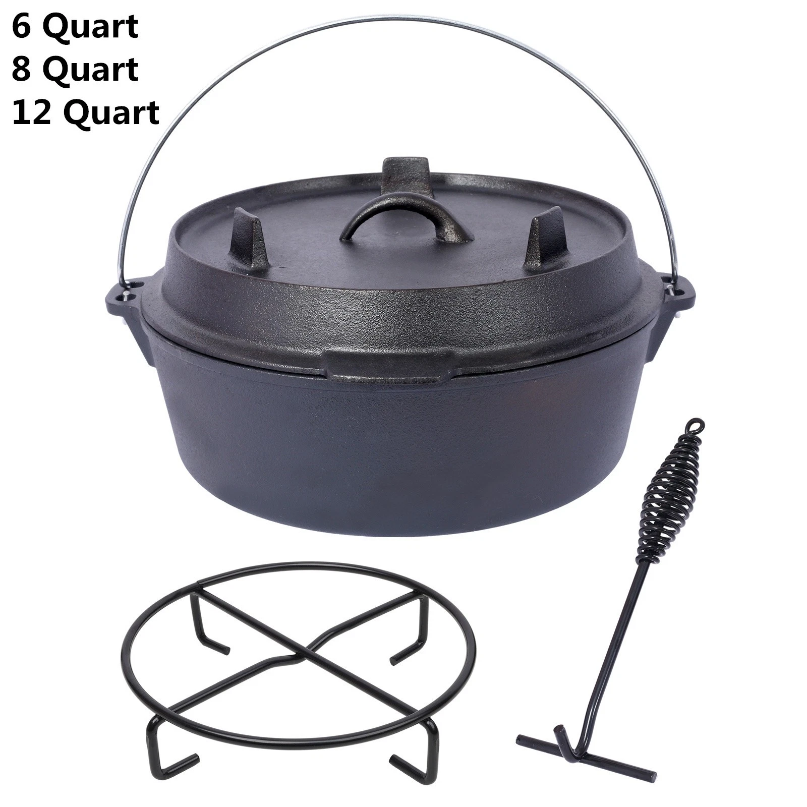 6QT/8QT/12QT Camp Dutch Oven Pre-Seasoned Cast Iron Dutch Oven Pot w/ Lid& Rack