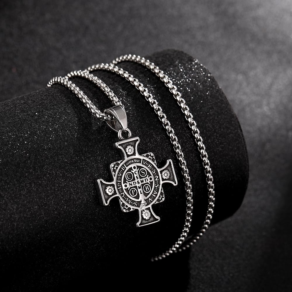 BaBakiak Saint Benedict Cross Necklace, Christian one size, Silver