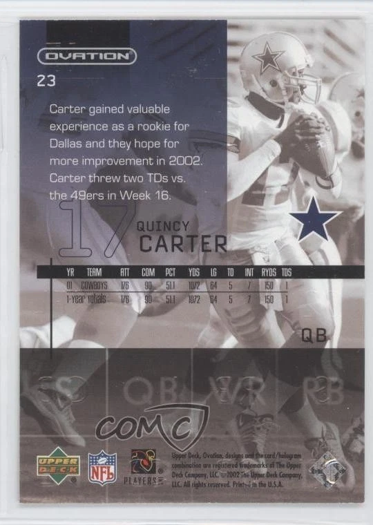 2002 Upper Deck Ovation Quincy Carter #23 - Image 2 of 2