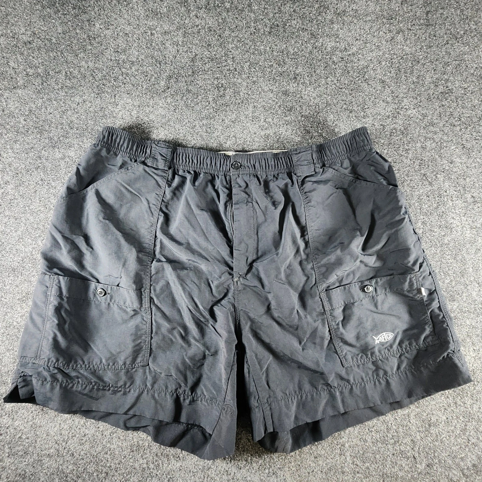 AFTCO Bluewater M01 Mens Fishing Shorts Black Nylon Cargo Size 46 Elastic Waist