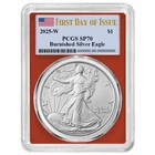 2025-W Burnished $1 American Silver Eagle PCGS SP70 FDOI Flag Label Red Frame