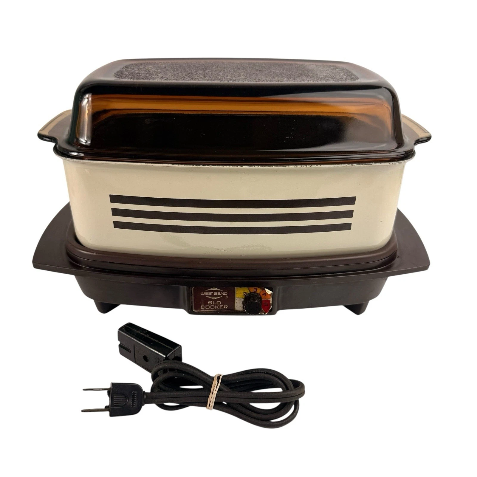 Vintage West Bend Slo Cooker Slow 84114 Brown Stripe 4 Qt Amber Glass Lid Tested