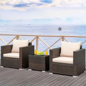 3PCS Patio Rattan Furniture Set Conversation Wicker Sofa Set w/Cushion Garden
