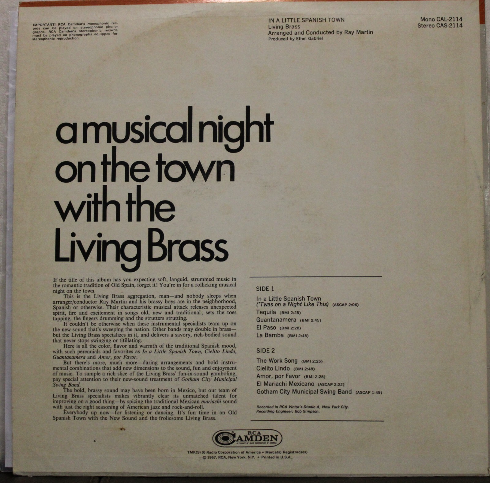 Living Brass Ray Martin - In A Little Spanish Town Vinyl Record CAS2114 VG+-image