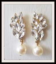 White Pearl Dangle Earrings Crystal Floral Design Gold Posts Wedding Bridal