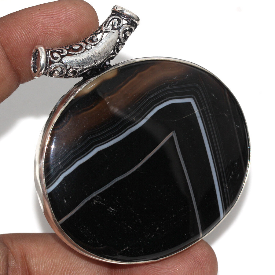 Banded Black Onyx 925 Silver Plated Pendant 2.1