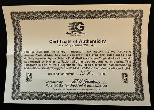 Gartlan KAREEM ABDUL-JABBAR Signed The Record-Setter Lithograph Lakers HOF /1989 - Picture 9 of 9