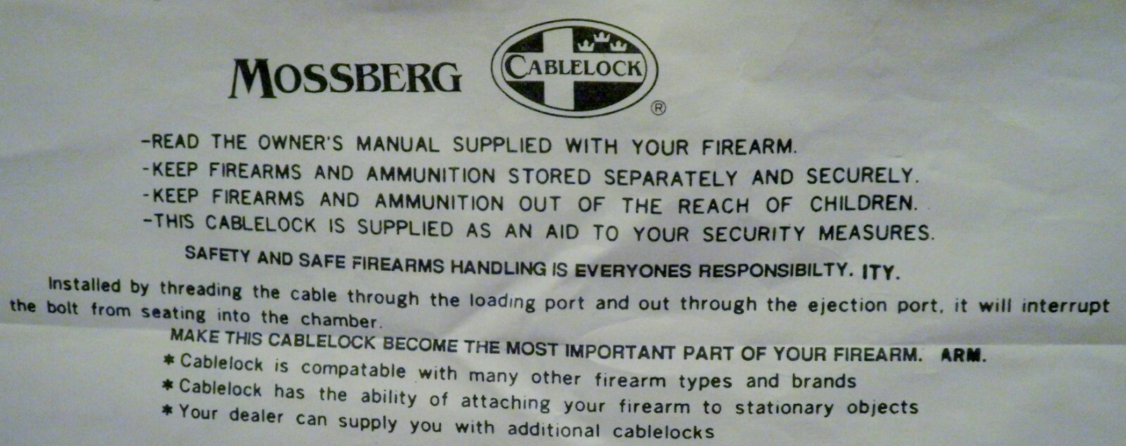 Mossberg Cable Lock Gun Lock 2 Keys Instructions eBay