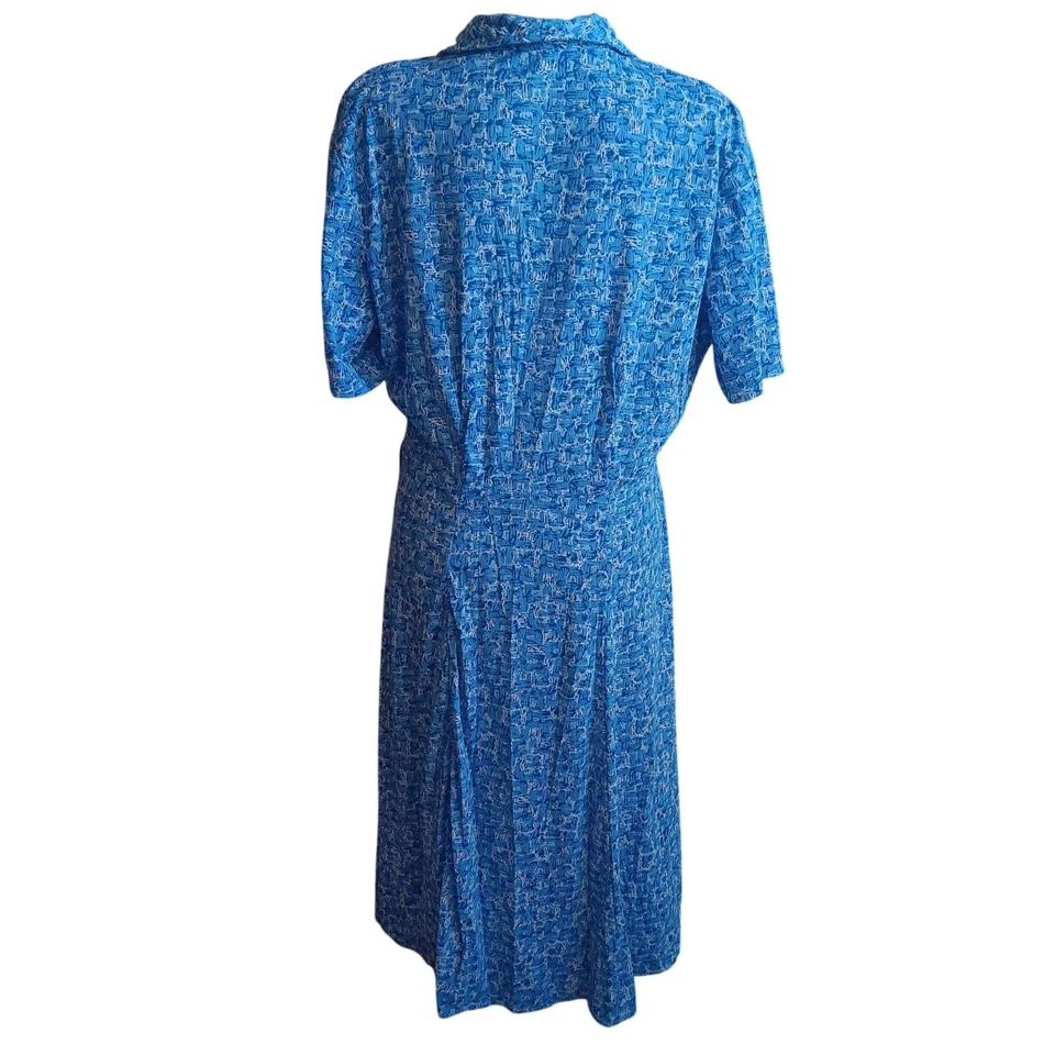 1OF1 Vestido de Casa Hecho a Mano Grande Vintage Años 1946 Azul Estampado Abstracto Cremallera Frontal Foto 4 de 4