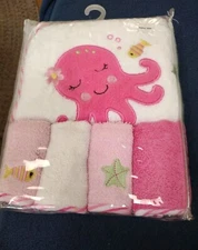 Baby Girls Hooded Bath Towel and 4 Washcloths Pink Octopus Fish Sea Life NWT 