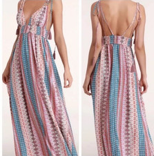 Lulus Multi Print Halter Baby Doll Plunge Maxi Dress Sz L Whimsy Boho Fairicore