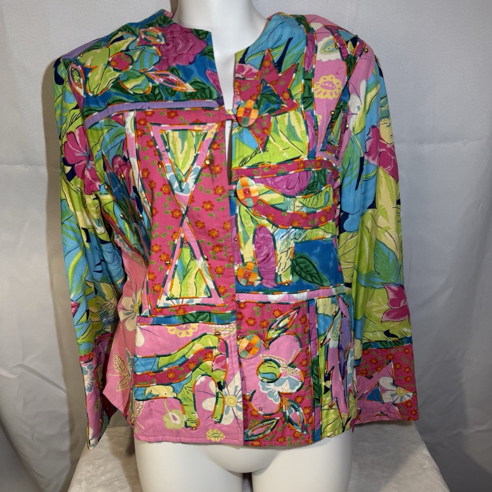 Sandy Starkman Patchwork Art Jacket 100% Rayon Em… - image 1