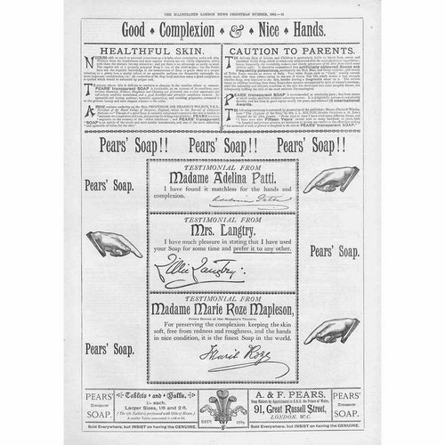 PEARS SOAP Adelina Patti Mrs Langtry Testimonials - Advertising Print 1882