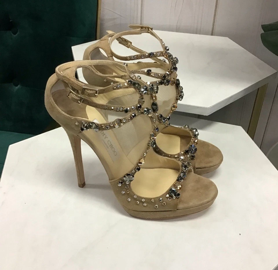 Jimmy Choo New NWT Viola Crystal Nude Suede Sandal Platform Sandal Sz 39/9 $1850 - Image 3 of 4