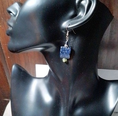 Blue Goldstone earrings with copper & Lime green crystal accents Artisan Crafted