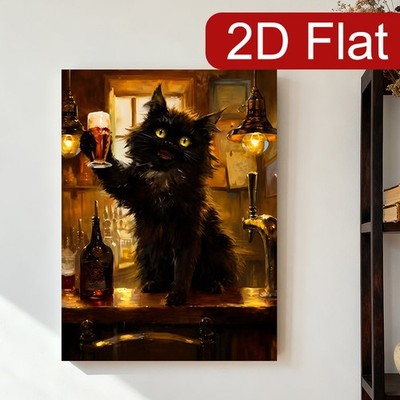 Bar Cheers Black Cat Vintage Oil Canvas Wood Frame Wall Decor Gift