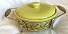 Bauer Pottery Covered Casserole Dish on Stand Lime Yellow Mid Century Vintage