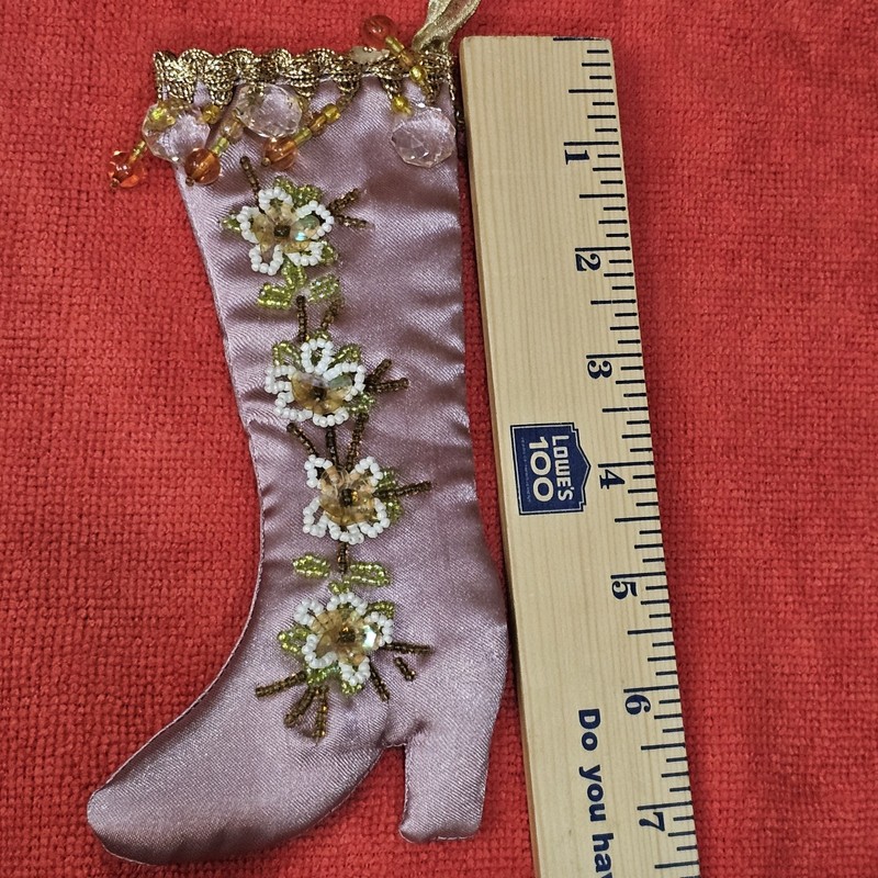 7" Tall Beaded Satin Boot Ornament Or Wall Piece Sequins Crystals Padded