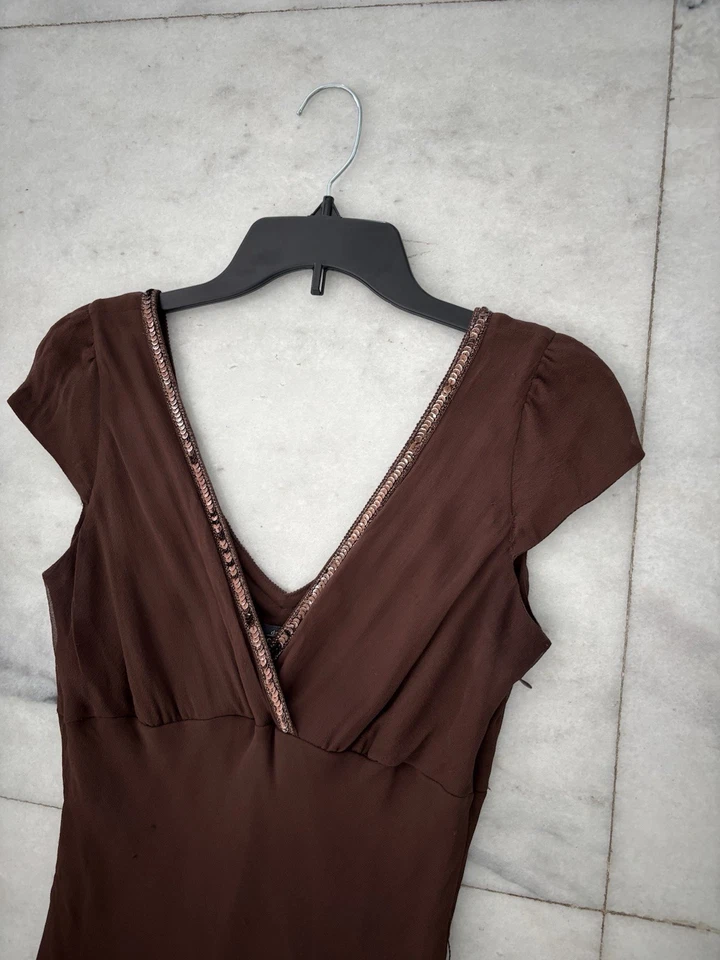 Vestido Dressbarn Años 90 Y2K De Colección Marrón Seda Lentejuelas Ribete Manga Gorra Cintura Caída Talla 10 Foto 3 de 4