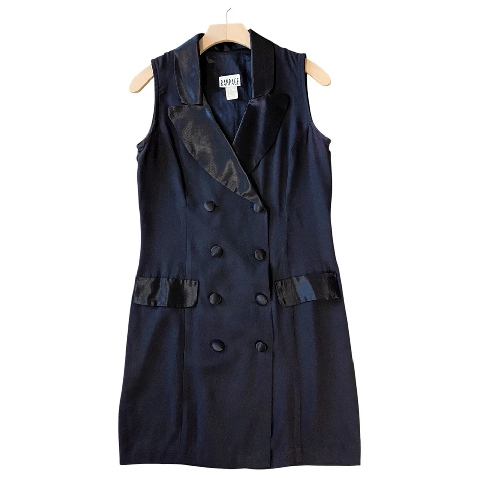 Vestido Traje VINTAGE RAMPAGE Crepé y Satén Sin Mangas Doble Pecho Negro Años 90 Foto 3 de 4