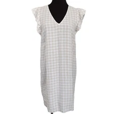 Cynthia Rowley 100% Linen Gingham Sheath Dress Ruffle Sleeve Womens S Lagenlook
