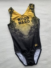 GK ELITE Gymnastics Leotard WOODWARD Camp LEO Yellow Black FLORAL Tank SIZE: CL