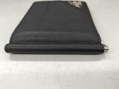 PRADA Saffiano Money Clip Bifold Wallet Card Case Black Leather