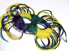 PRE-OWNED PURPLE, GREEN YELLOW FEATHERS SEQUIN MARDI GRAS MASK