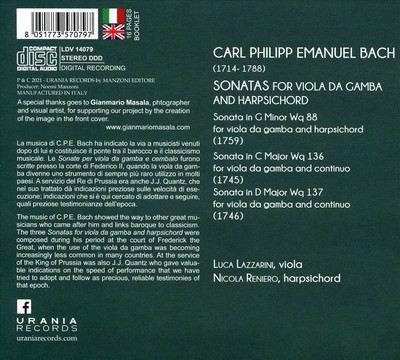LUCA LAZZARINI / NICOLA RENIERO C.P.E. BACH: SONATAS FOR VIOLA DA GAMBA & HARPSI