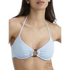 Sanctuary Womens Blue Ribbed Celeste Ribbed O-Ring Halter Bikini Top Underwire M