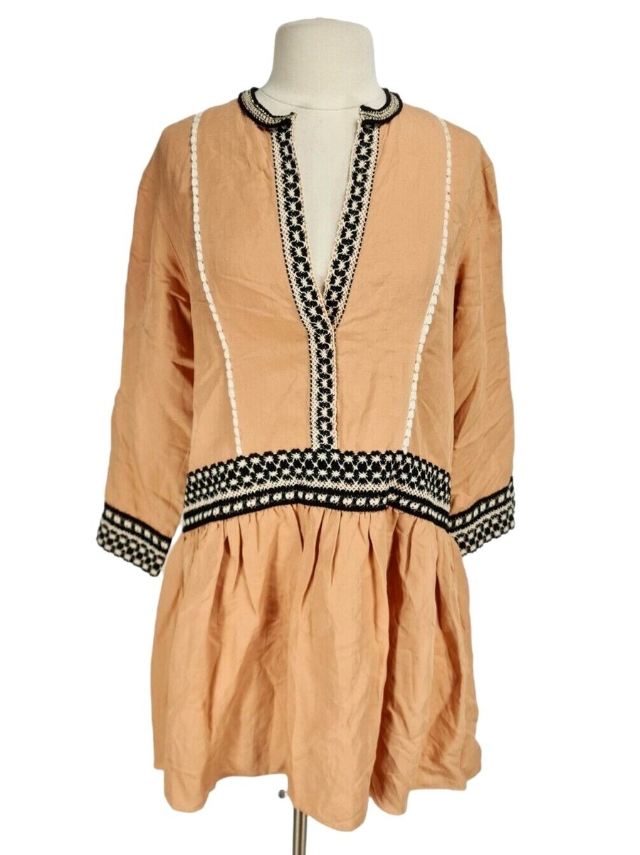 ZARA Beige Black Embordered Linen Blend Mini Fit & Flare Dress Women Plus  Size M | eBay