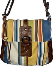 FOSSIL Live Long Vintage 54 Canvas Stripe Leather Boho Satchel Hobo Crossbody