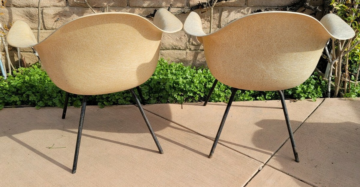 2 Eames Herman Miller LAX Fiberglass Arm Shell Chair X Base Zenith