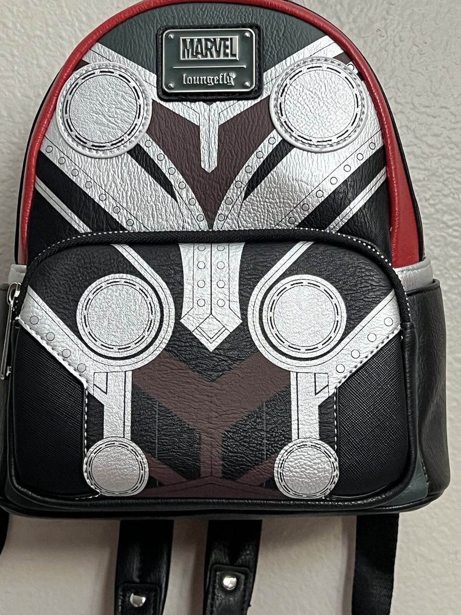 Thor Loungefly Marvel Black and Silver Backpack with Red Accents Disney Parks Thor Loungefly Mini Backpack Marvel Love and  main image 2
