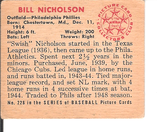 Bill Nicholson #228 1950 Bowman Philadelphia Phillies Whiz Kid No ...
