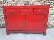 Meuble Salon Laqué Patine Rouge Vieilli 3 Tiroirs 2 Portes