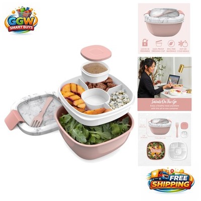 54 oz BPA-Free Salad Container with 4-Compartment Toppings Tray - Blush Marble