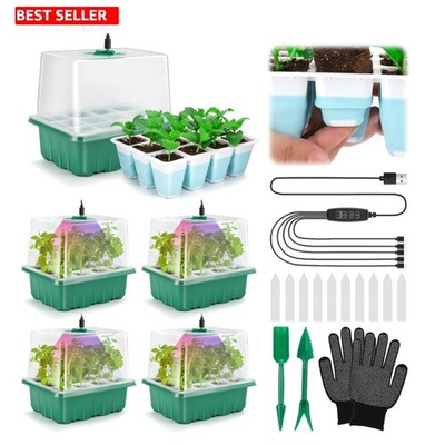 Upgraded 5-Pack Seed Starter Tray with Humidity Dome & Adjustable Grow Light
